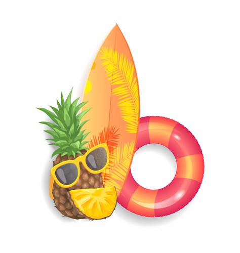 Pineapple surfboard set icons Vector Image