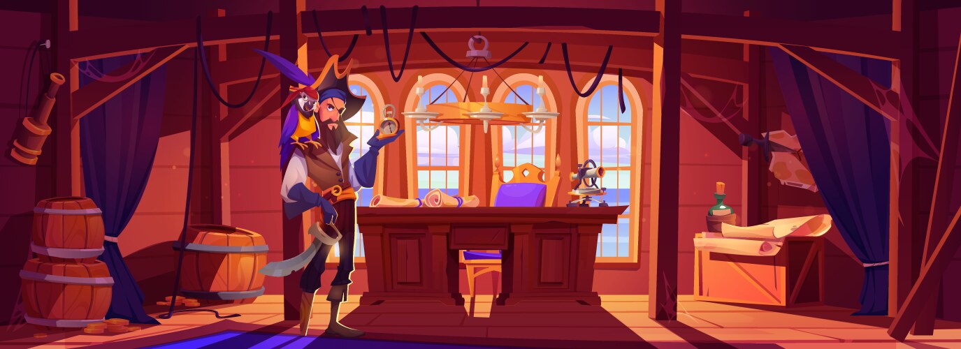 Peg-legged pirate with parrot standing in cabin vector image