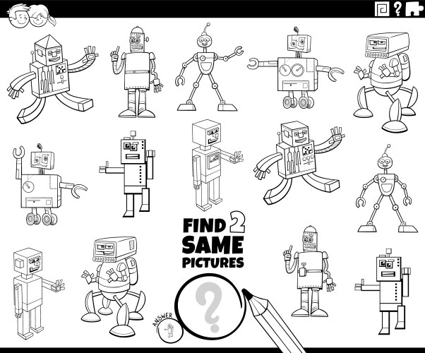 Find two same cartoon robot characters task vector image