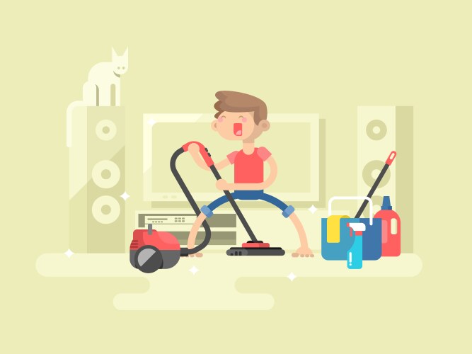 Little boy with vacuum cleaner helps to do house Vector Image