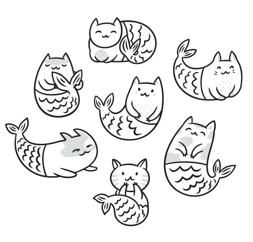 Cute Cartoon Cats & Mermaids Vector Image