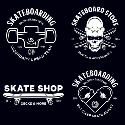 Skateboarding labels badges set skate shop Vector Image