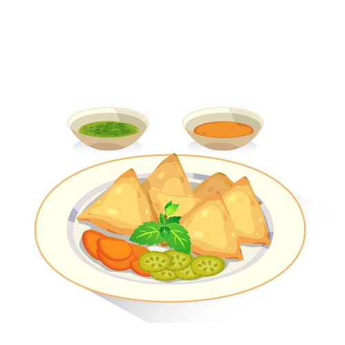 Samosa on board with sauces in bowl color Vector Image