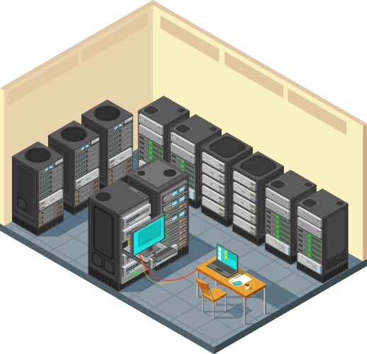 isometric network server room with row of computer vector image