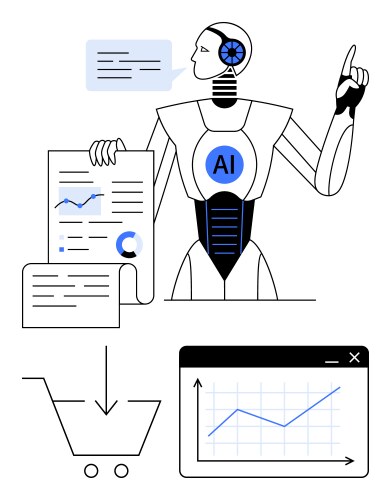 Ai robot analyzing data with reports chart and e vector image
