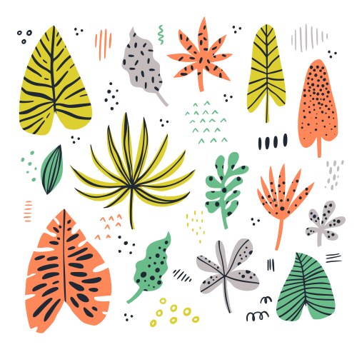 Exotic leaves hand drawn flat set vector image