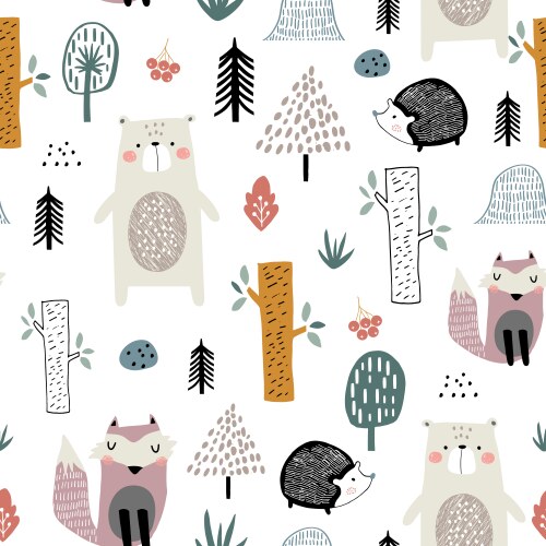 Seamless woodland pattern with cute animal faces Vector Image