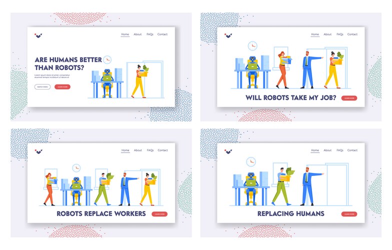 Robots workers landing page template set human – Royalty-Free Vector ...