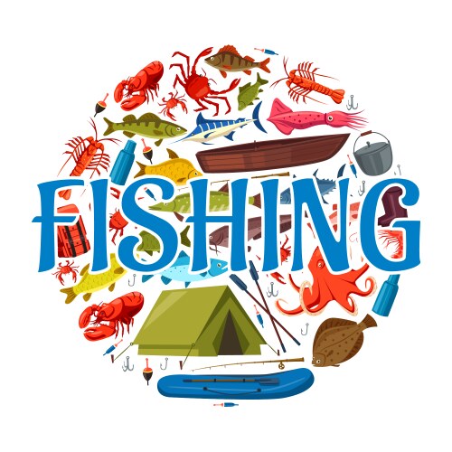 Fishing boat rod fish and fisherman equipment vector image