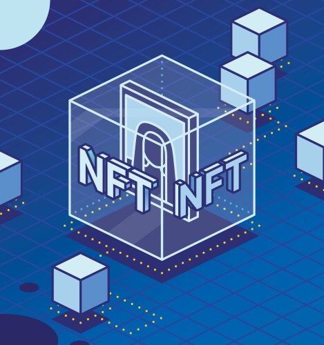 isometric nft artwork inside of transparent cube vector