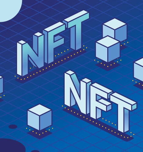 Isometric nft blockchain technology two words vector image