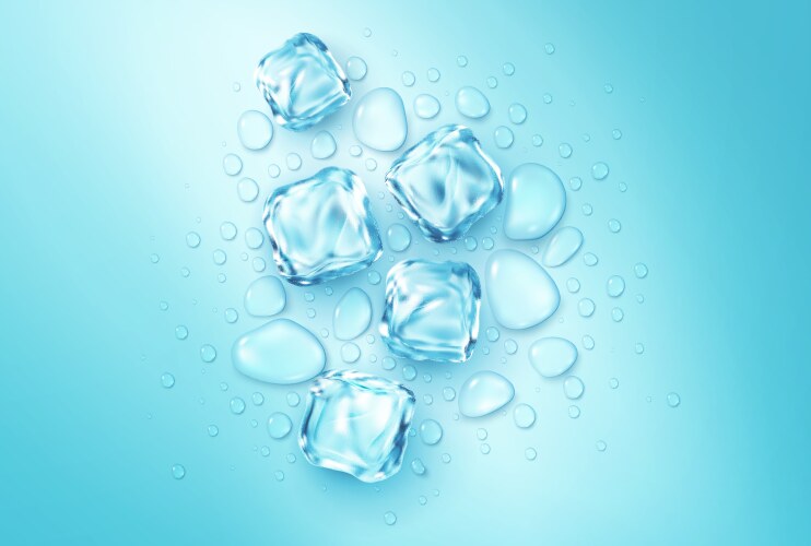 realistic ice cubes and water drops on a blue vector