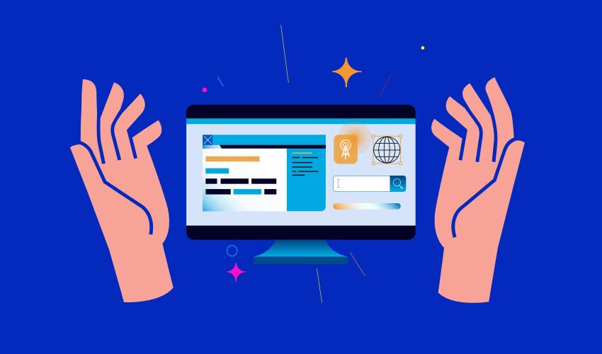 Presentation of a computer between open arms vector image