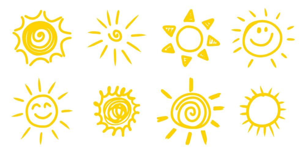 Set doodle sun isolated on white background vector image