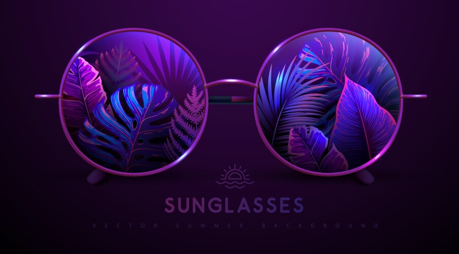 Round sunglasses with fluorescent tropic leaves vector image