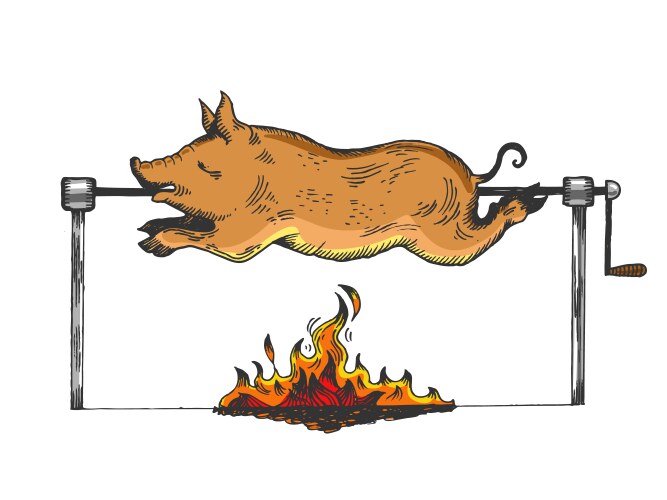 Piggy on spit engraving vector image