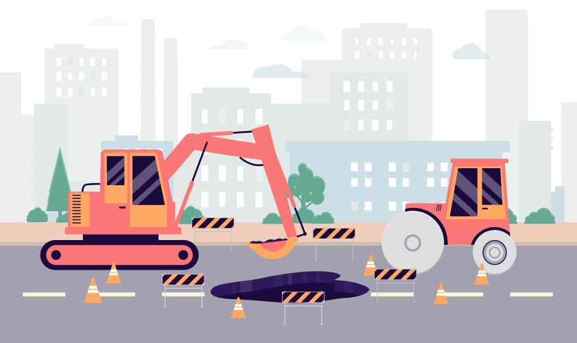 highway hole repair roadwork banner - industrial vector image