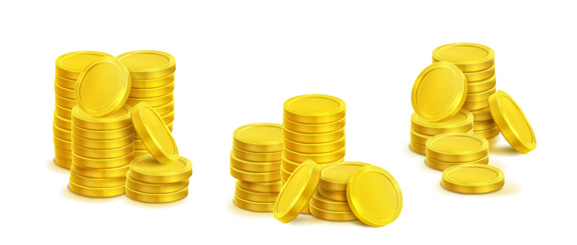 3d piles of golden coins on white background vector