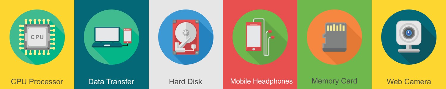 A set of 6 computer and hardware icons as cpu vector image