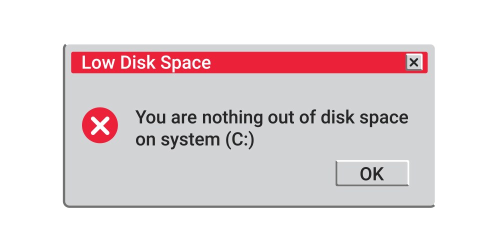 Low disk space message memory error in red colors vector image