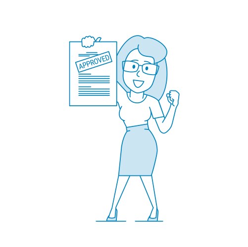 Happy woman shows a document with inscription vector image