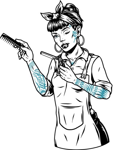 Pretty winking tattooed female barber Vector Image