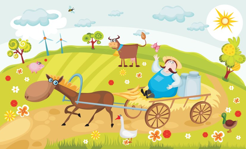 Rural landscape with cows in meadow farm milk Vector Image