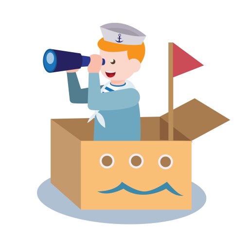 Sailor kids use binocular toy on boat cardboard vector image