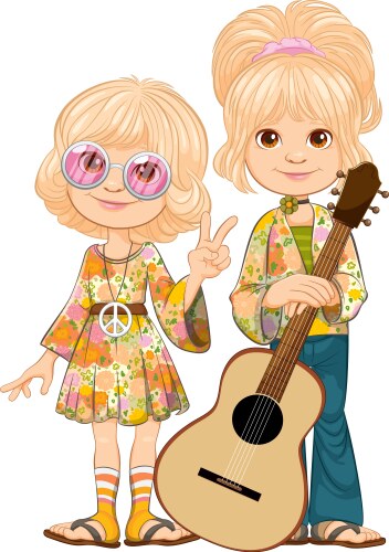 cartoon children in retro hippie fashion vector