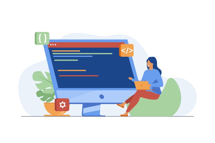 Young tiny girl sitting and coding via laptop vector image