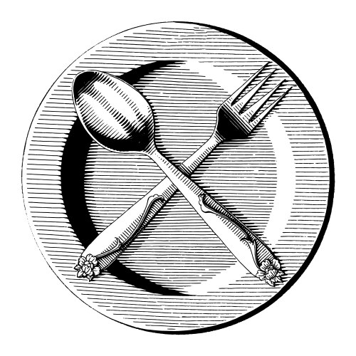 Cross spoon and fork on dish hand draw vintage vector image