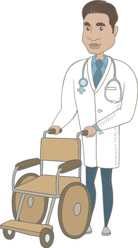 Young hispanic doctor pushing wheelchair Vector Image