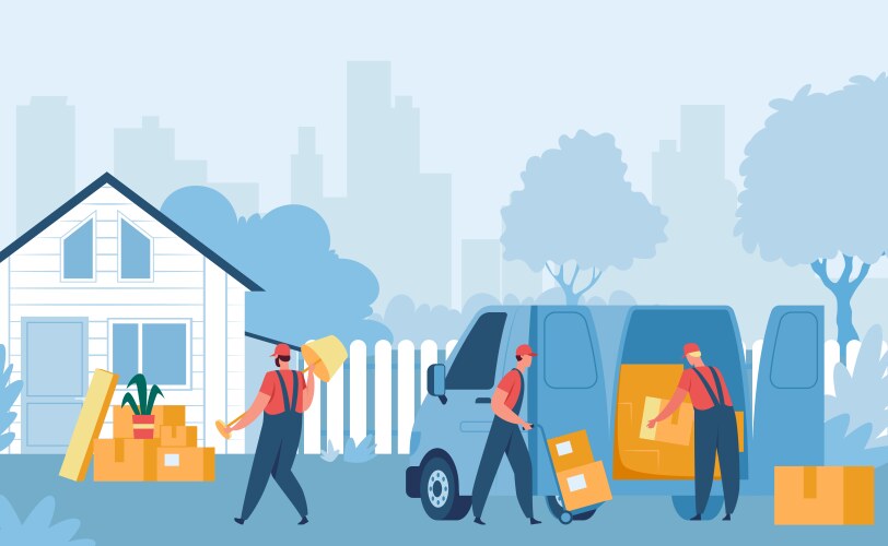 delivery workers help to move in new house vector image