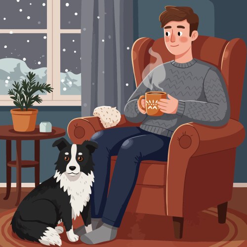 Cozy winter scene with man and dog Vector Image