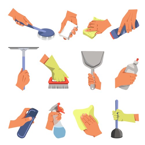 Hands with cleaning tools and cleanser rag Vector Image