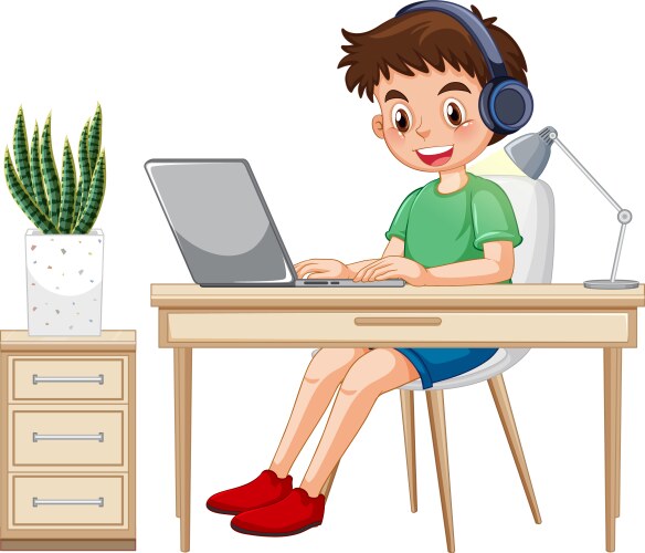 a boy browsing internet on laptop vector