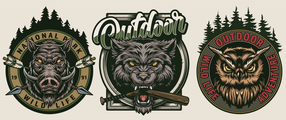 Vintage Wildlife Badges - Forest Creatures Vector Image