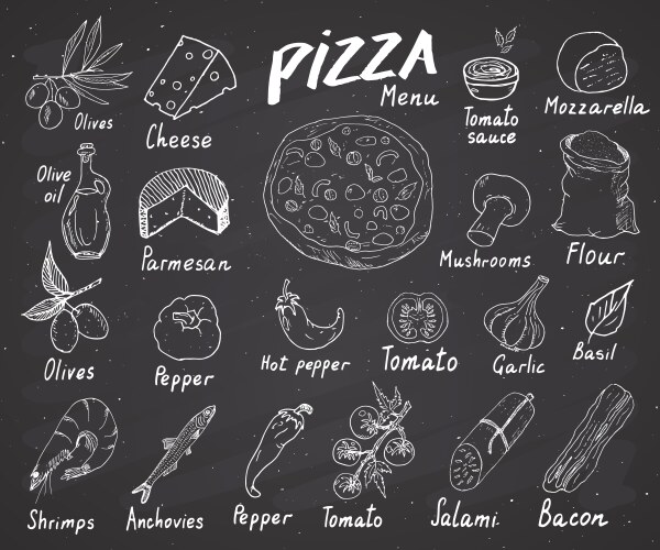 Pizza Sketch Set - Chalkboard Menu Vector Image