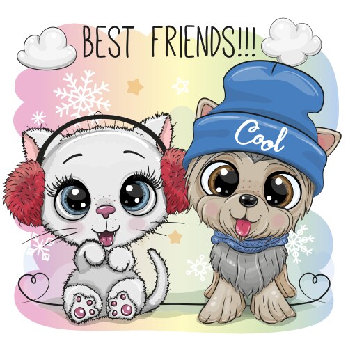 Cute Kitty and Puppy Friends Vector Image