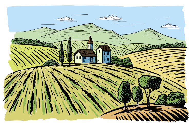 Countryside landscape organic farm field sketch Vector Image