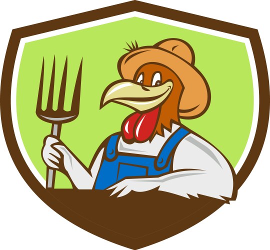 Chicken farmer pitchfork crest cartoon vector image