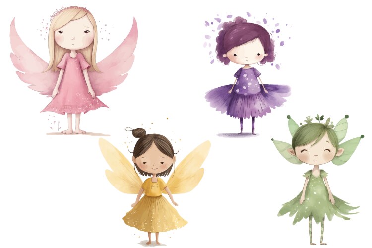 set fairies in green yellow purple and pink vector image