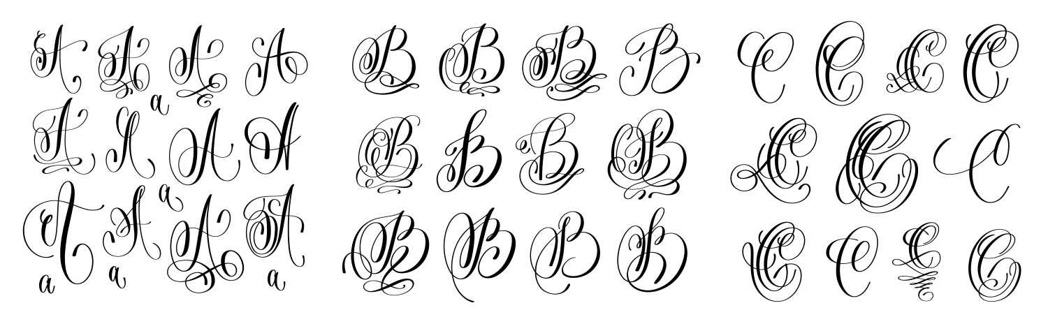 ABC Script Font Set - Letters A, B, C vector image