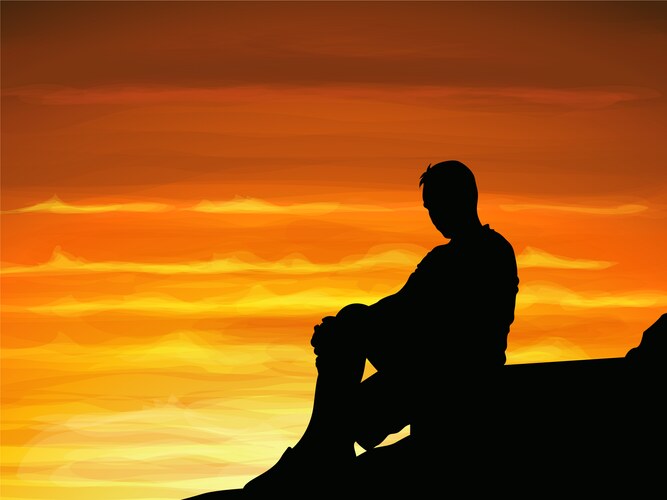 Silhouette lonely man sitting alone when twilight Vector Image