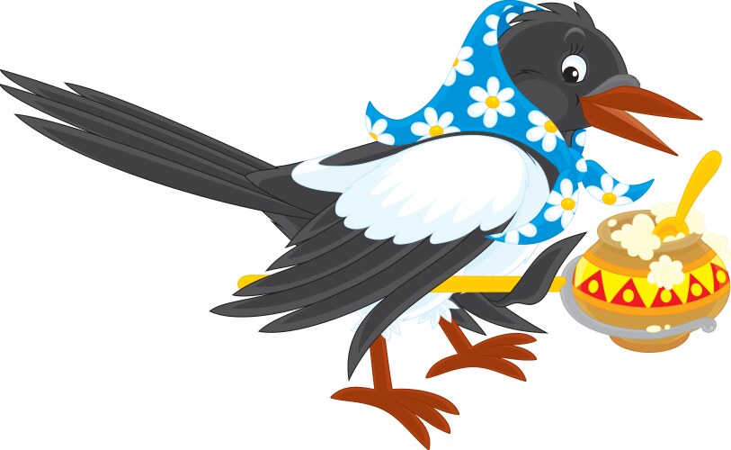 Magpie cooks porridge vector image