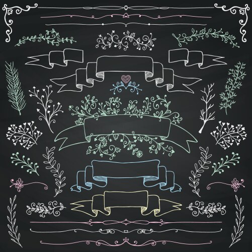 Set of chalk floral design elements Royalty Free Vector