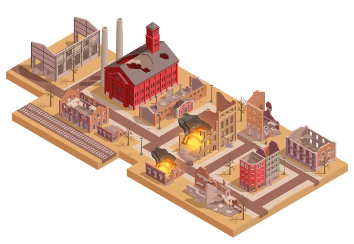 ruined destroyed city isometric vector