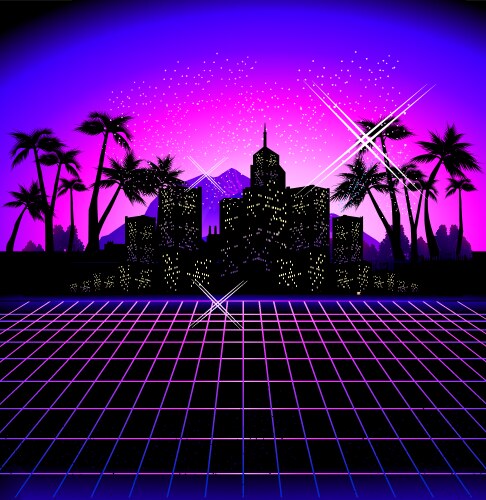 80s style landscape with grid texture in neon Vector Image