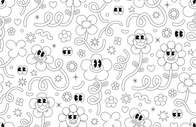 retro cartoon flower character seamless pattern vector image