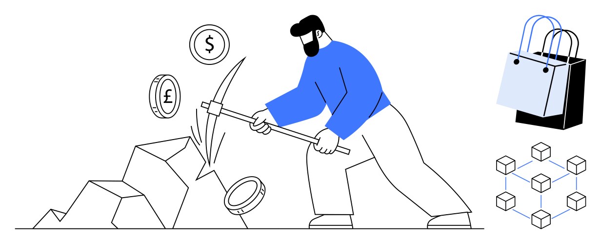 Digital currency miner using pickaxe to extract vector image